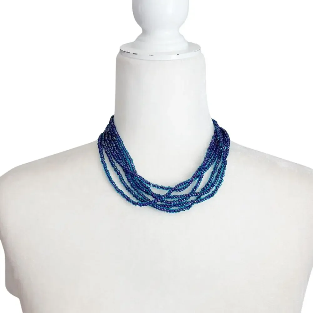 Vintage Marvella Clip Earring and Double Necklace Set Blue Seed Bead